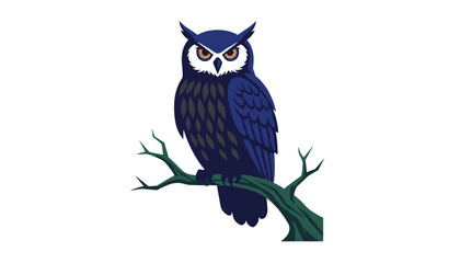 Obraz premium Night-sky blue owl with intense yellow eyes perched silently on a twisted moss green tree branch in a simple flat style.