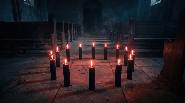 halloween of a mystical circle of glowing black candles creating an eerie atmosphere within a dark, ancient, and abandoned church or crypt, evoking a sense of ritual and mystery.