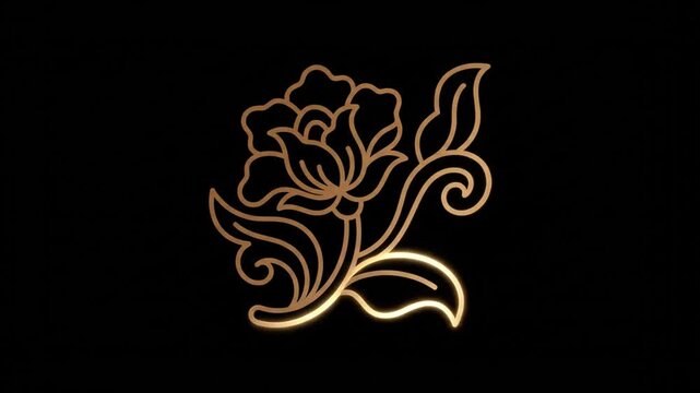 Golden floral line art animation drawing itself on a black background