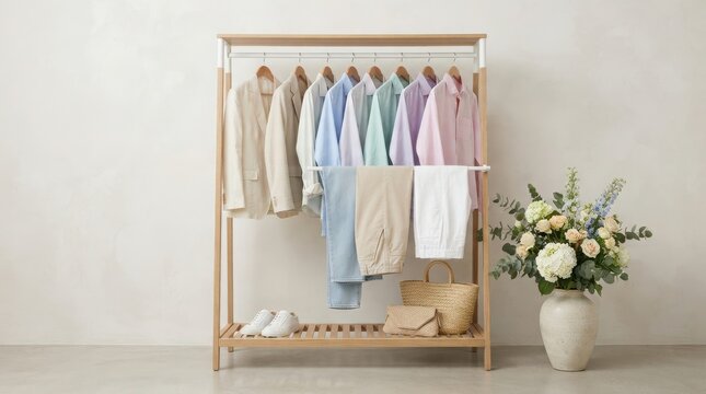 Modern wooden clothes rack with white shirts and pants hanging neatly isolated on a white background with a flower vase