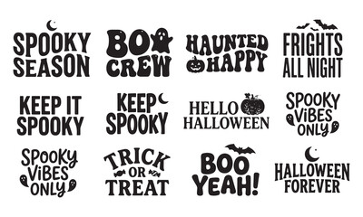 Obraz premium A collection of twelve black and white halloween themed typography featuring ghosts, bats, pumpkins, and moons for seasonal holiday apparel, greeting cards, and projects