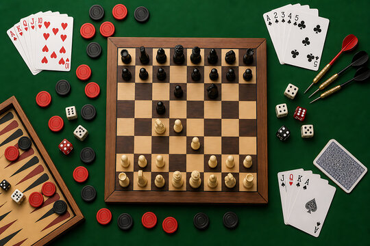 Top-down flat lay view of scattered board games with chess pieces cards and dice