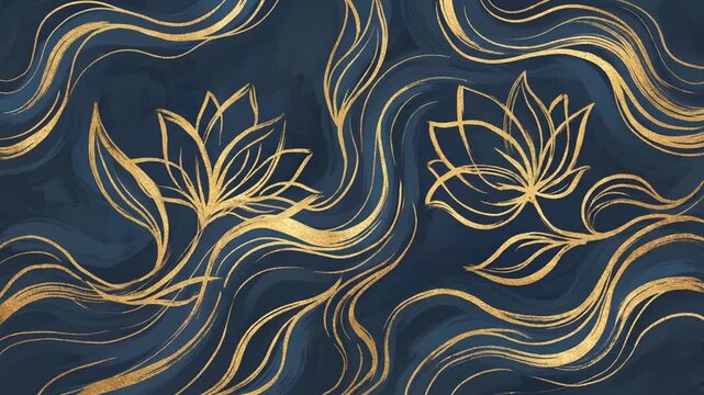 Abstract Golden Lotus Flowers on Navy Blue Flowing Watercolor Background