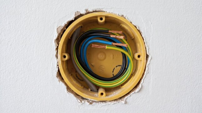 Electrical wiring in a junction box on a white wall.
