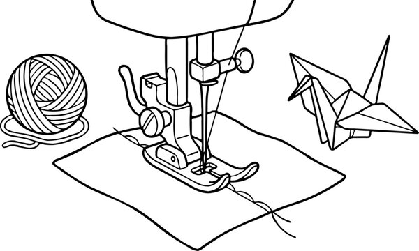 Sewing machine needle stitches fabric next to a ball of yarn and an origami crane, line art illustration