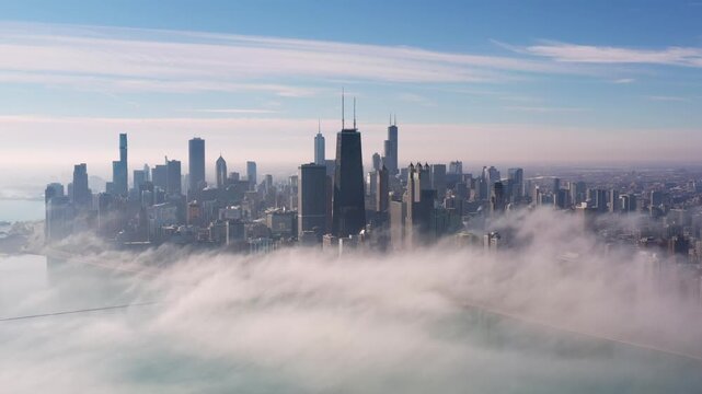 Sweeping aerial footage reveals Chicago&rsquo;s skyline rising dramatically above a moving blanket of fog spreading across the Lake Michigan shoreline and partially obscuring the city below.