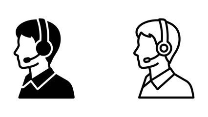 Fototapeta premium Customer Service Icon: A minimalist representation of a customer service representative wearing a headset, presented in both solid black and outline styles, symbolizing communication and support.