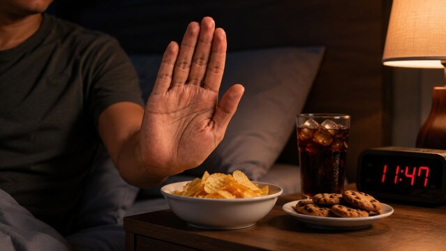 Person making stop gesture to late night snacks of chips cookies and sweet soda on bedside table.