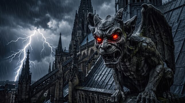 halloween of a monstrous gothic gargoyle with glowing red eyes perched on an old cathedral during a dramatic lightning storm, creating an ominous and terrifying atmosphere.