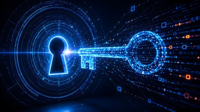 Cybersecurity authentication system with glowing digital key unlocking high tech data protection interface