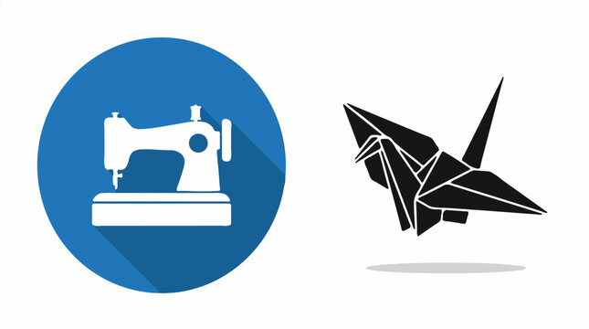 Flat design icon set with a sewing machine and origami crane on white background