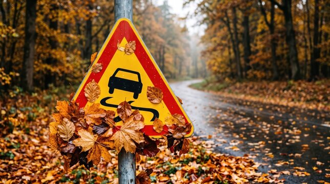 Slippery road warning sign covered with autumn leaves beside a wet forest road, representing traffic safety, hazardous driving conditions, rainy weather and seasonal travel