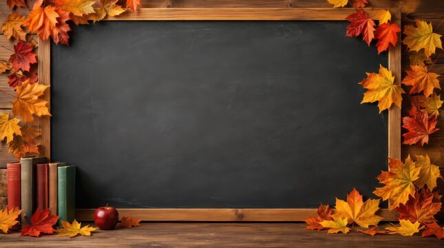 Autumn classroom chalkboard with colorful fallen leaves, apple and books around a large blank dark surface, creating a seasonal education background with generous copy space