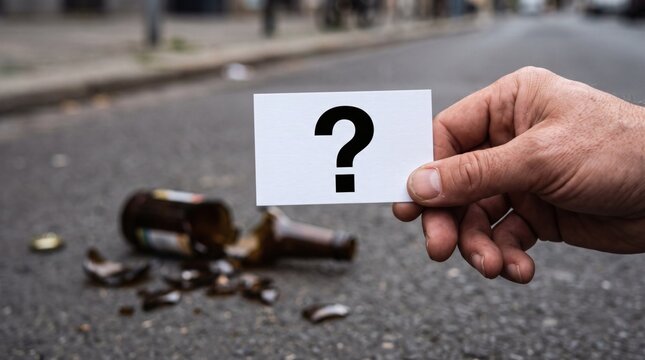 Hand holding question mark card near broken beer bottle on street.