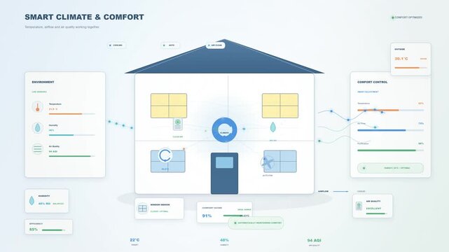 modern infographic animation demonstrating smart home climate, airflow, and air quality control systems with interactive live sensor metrics.