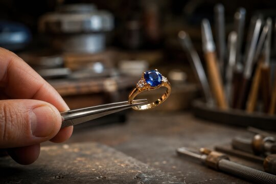 Close-up of a jeweler inspecting a gold ring with a blue gemstone using precision tweezers in a professional jewelry workshop