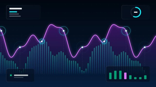 digital interface featuring glowing purple graphs, data lines, and dynamic bar charts on a dark background. Perfect for technology, finance, and data analysis concepts.