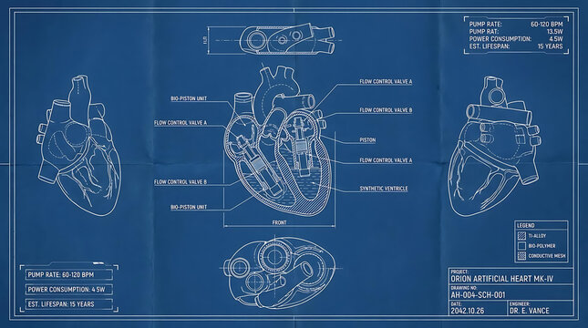 Detailed technical drawings of an innovative artificial heart design highlighting key components for advancements in medical engineering