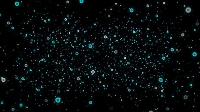 漆黒の空間にターコイズと銀の量子ドット光粒子が拡散し漂うCG映像