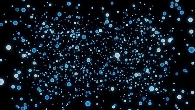 漆黒の空間にセルリアンブルーとオパールの量子ドット光粒子が拡散するCG映像