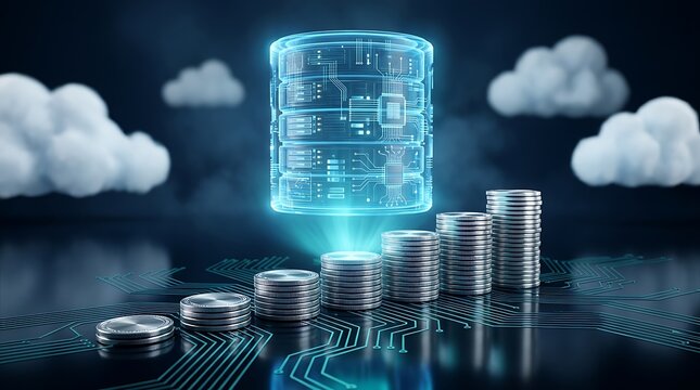 Digital cloud server technology with glowing data storage cylinder and rising silver coin stacks. Financial fintech concept for database hosting, network infrastructure and investment.