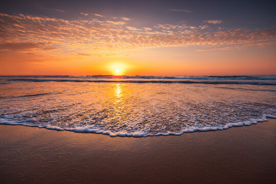 Golden ocean sunset over sandy beach with gentle waves and foaming water