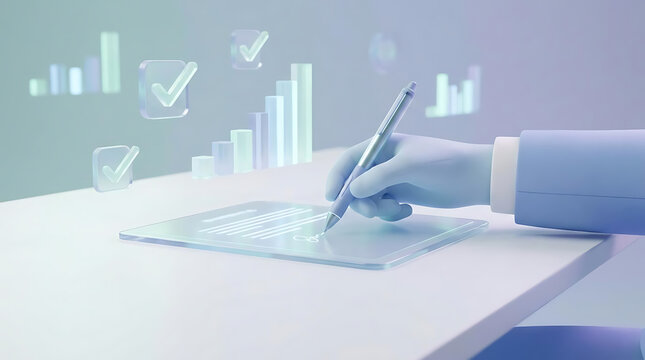 A modern digital workspace with a gloved hand writing on a transparent tablet showcasing data analytics and digital checkmarks in a serene environment.