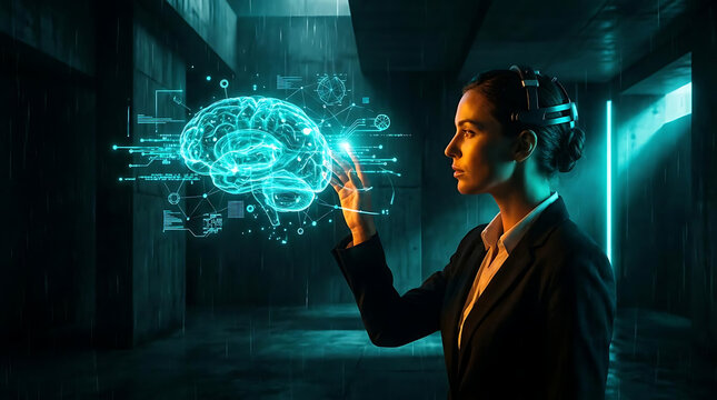 Forward thinking businesswoman engaging with a digital brain interface showcasing artificial intelligence and cognitive technology in a cutting edge environment