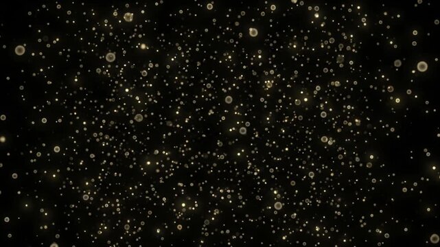 漆黒の空間にゴールドの量子ドット光粒子が拡散し漂うCG映像