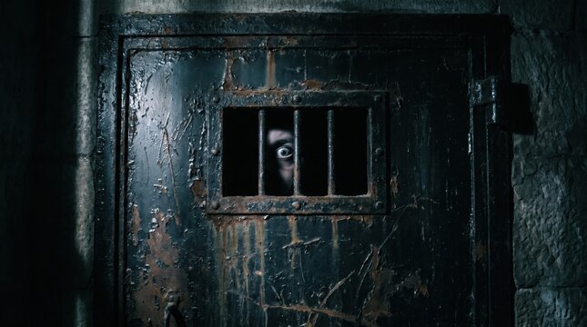 halloween of a single, eerie eye peering menacingly through the rusty bars of a dark, grimy dungeon cell door, creating an intense and terrifying sense of confinement and dread.