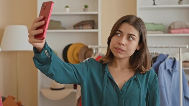 Woman holds pink smartphone at arm's length taking a selfie with exposed collarbone in a clothing studio; contemplation.