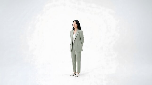 Professional Asian businesswoman in elegant green suit standing white background