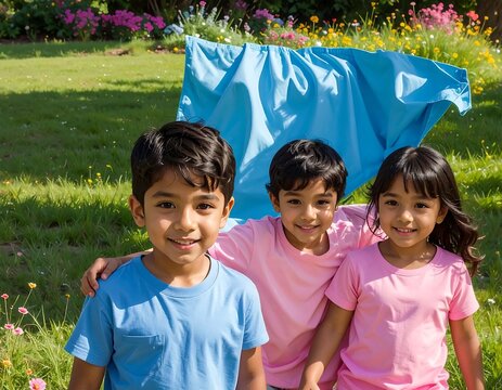 Three cheerful diverse children playing outdoors in a sunny garden.
