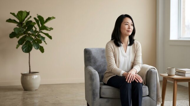 Peaceful Asian woman relaxing in comfortable armchair inside modern living room