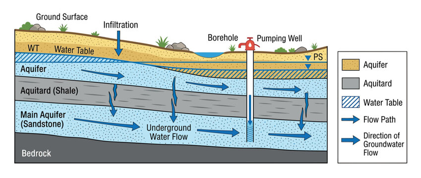 Groundwater Flow Diagram with Pumping Well