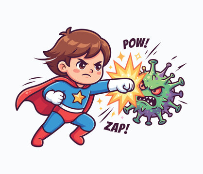 Cartoon superhero girl zapping virus with energy blast in comic style