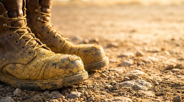 Dirty Work Boots on a Dusty Ground Construction Site Background