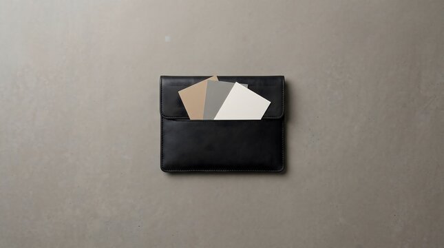 Minimalist black leather portfolio case with blank stationery paper cards