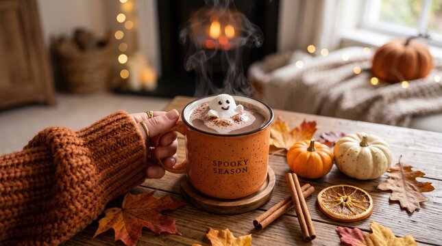 halloween of a hand holding a cozy orange mug of hot chocolate with a ghost marshmallow, surrounded by autumn leaves and pumpkins in a warm, festive setting.