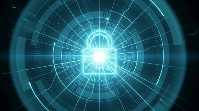 Digital blue padlock icon with glowing HUD interface circles on a black background for cybersecurity video footage.