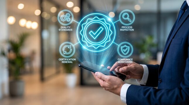 Professional businessman uses a digital smartphone to display glowing holographic quality assurance icons with blue lighting in modern office setting