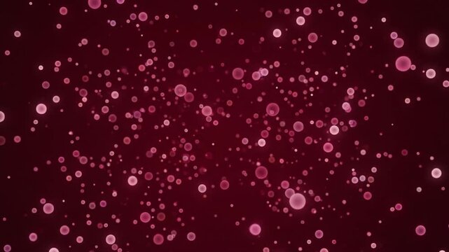 深紅の空間にマゼンタピンクの量子ドット光粒子が拡散し漂うCG映像