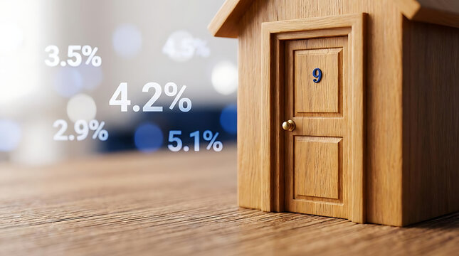 Wooden model house showcasing real estate interest rates to illustrate current housing market trends and provide valuable financial insights in a contemporary environment