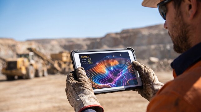 Mining engineer using digital tablet with 3D map at open pit quarry