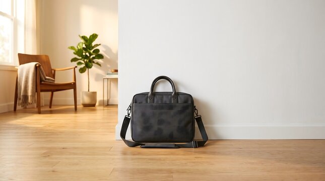 Modern dark grey laptop briefcase resting on bright wooden floor