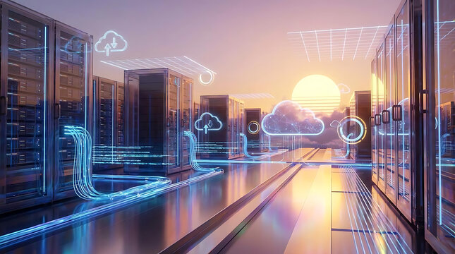 Innovative data center featuring cloud technology and a stunning sunset reflection highlighting cutting edge server racks and seamless digital connectivity in a contemporary setting