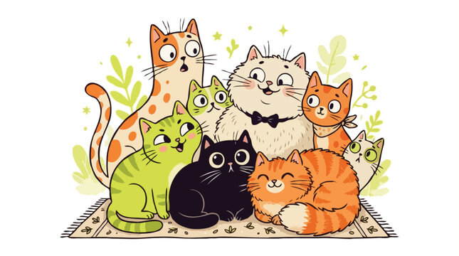 Cute group of colorful cartoon cats sitting together on patterned rug illustration