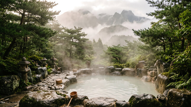 Onsen Hot Spring in Mountains, Beppu Japan