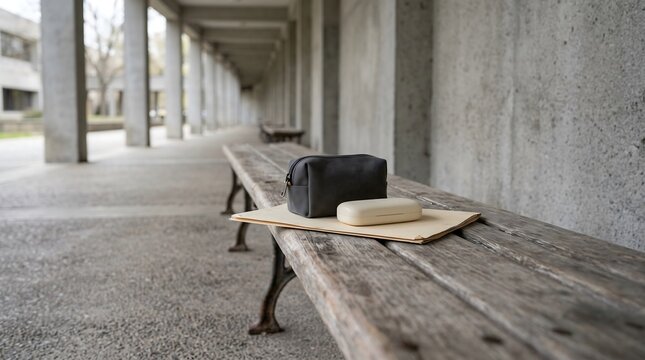 Forgotten personal items left behind on an outdoor wooden park bench
