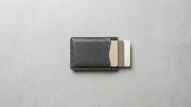 Minimalist leather card holder with credit cards on grey background